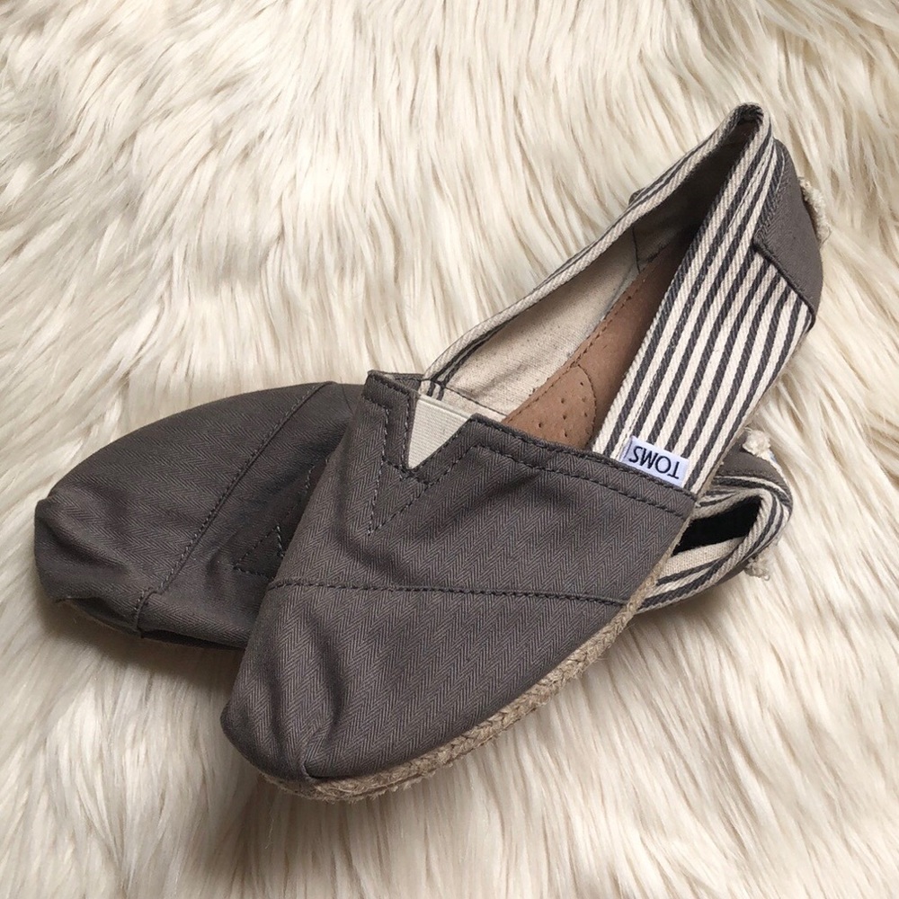Toms Gray and White Stripe Canvas Slip Ons